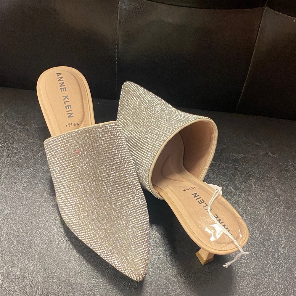 Anne Klein Sparkling Pointed-Toe Slip-On Mules in Champagne Gold